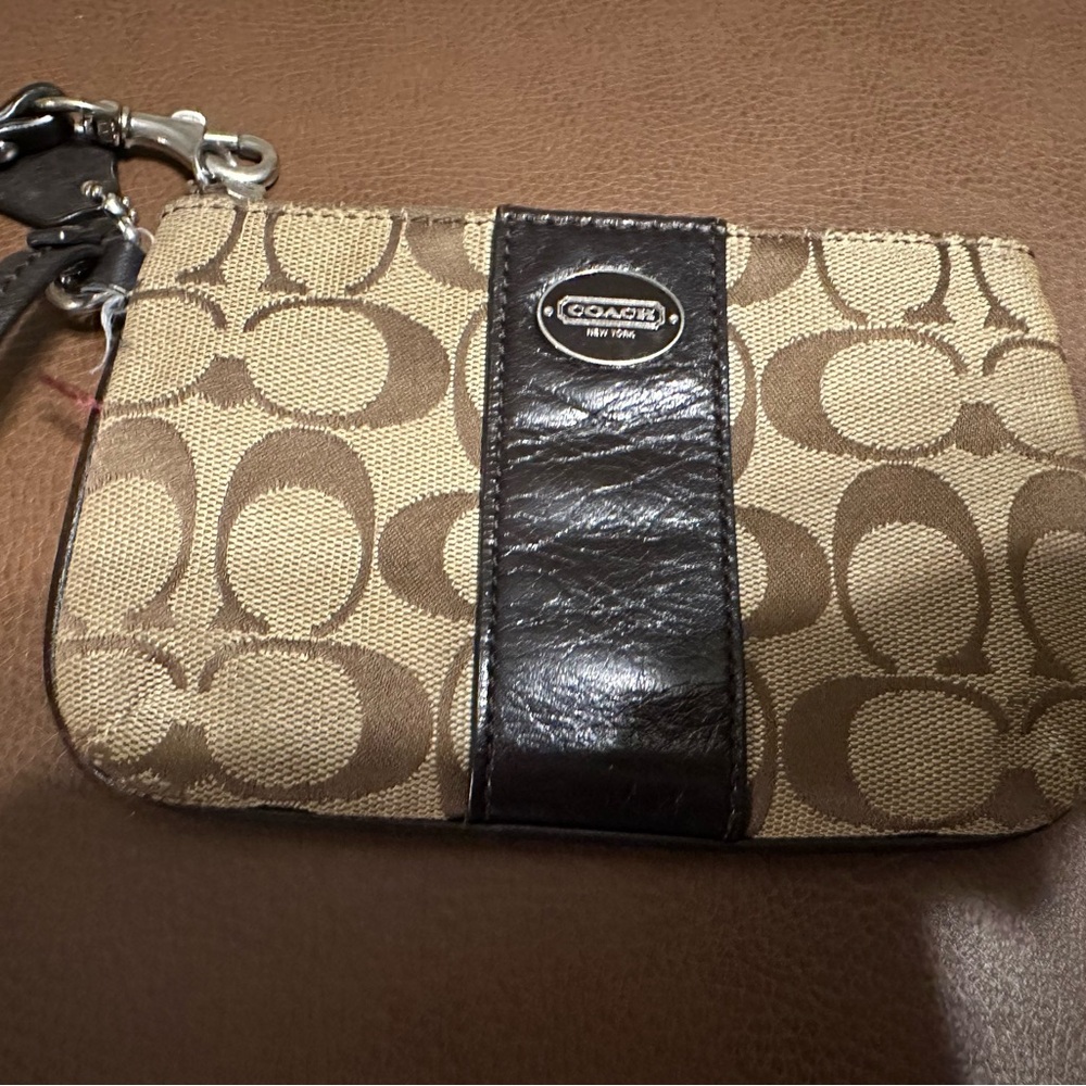 Coach Signature Tan and Brown Wristlet